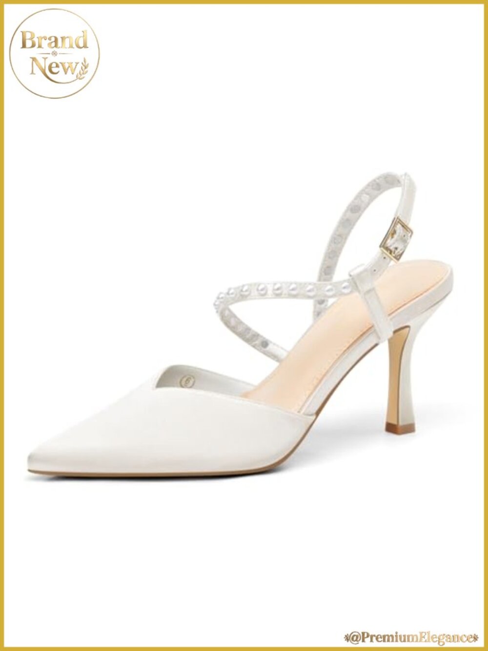 Pearl Satin Pumps with Ankle Strap, Pointed Toe High Heels for Wedding
